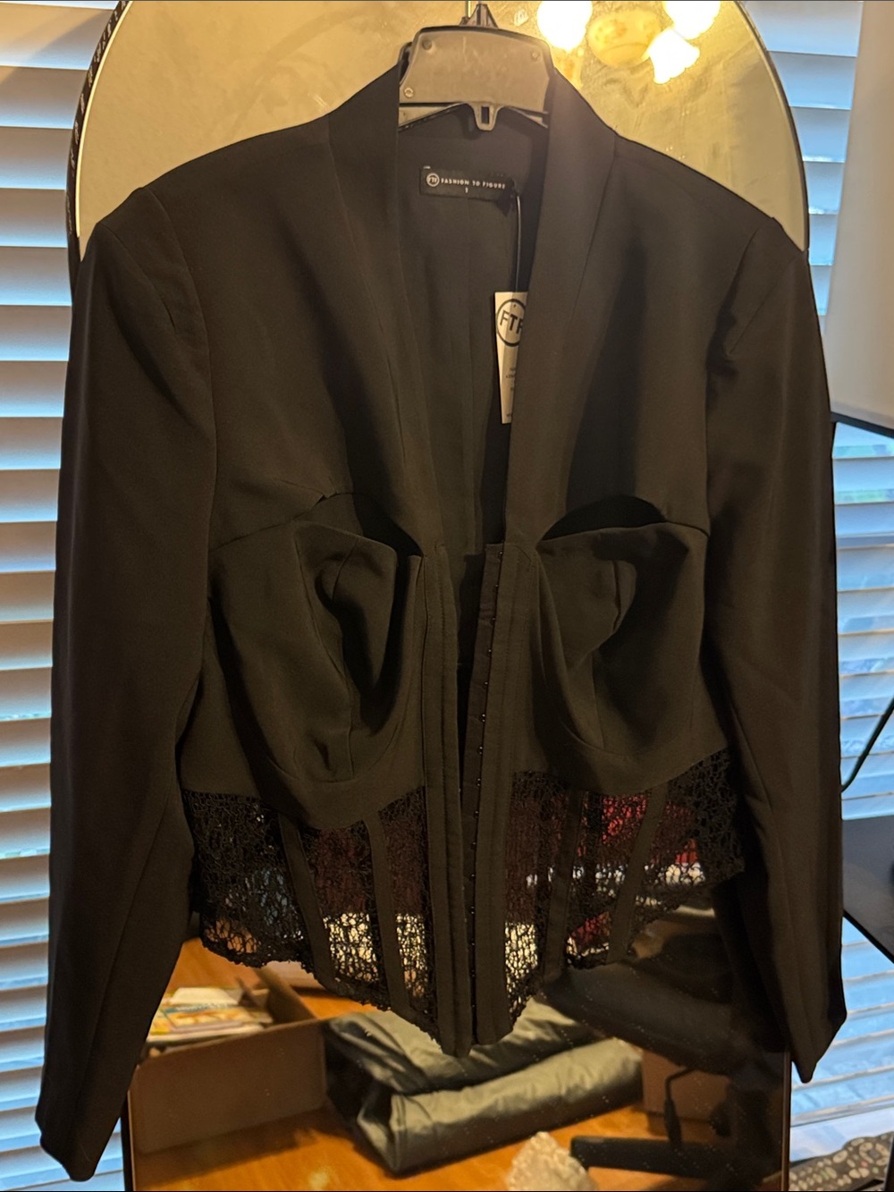 Fashion to Figure Black Cropped Blazer with Lace Insets
